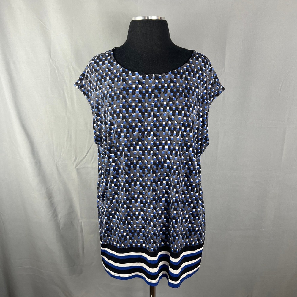 Liz Claiborne Blouse Top Womens 1X Multicolor Geometric Stretch Keyhole Back